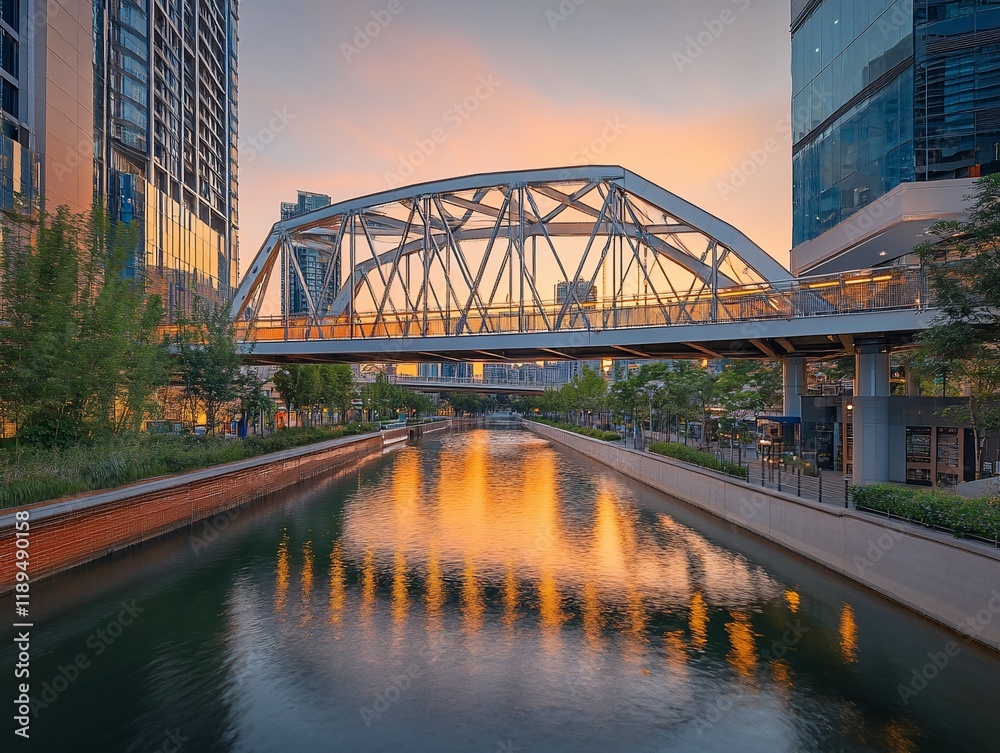 Fototapeta premium Modern bridge over calm canal at sunset, city buildings reflected in water.