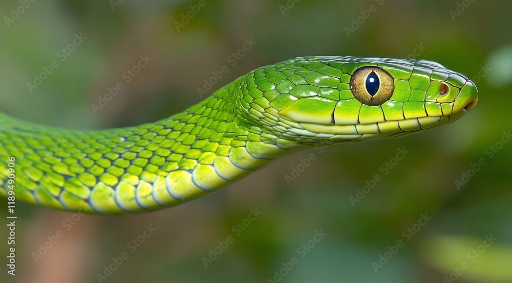 Close-up of a vibrant green snake's head and neck, showcasing its scales and eye. Close-up of a vibrant green snake's head and neck, showcasing its scales and eye.