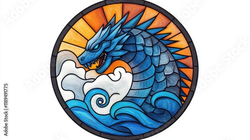 Majestic Dragon Emerging from Waves in Vibrant Stained Glass Art