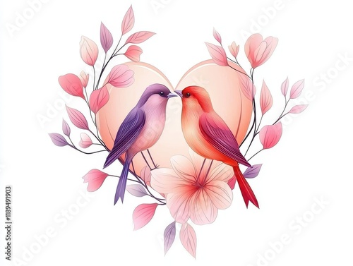 Romantic Birds in a Heart with Floral Accents for Love Themes photo