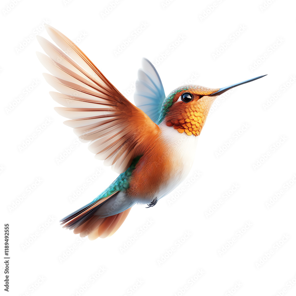 Obraz premium A vibrant hummingbird in mid-flight, showcasing its colorful plumage and delicate wings. This stunning bird exemplifies the beauty of nature and the importance of biodiversity.