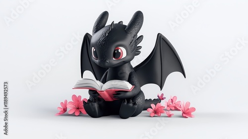 Adorable Black Dragon Reading Amidst Colorful Flowers and Nature