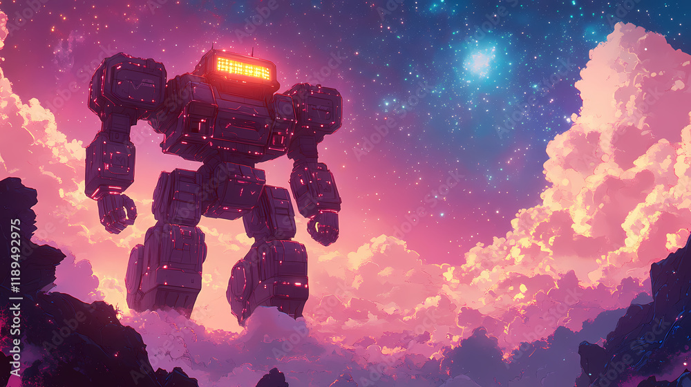 Starbound sentinel, a towering mech suit glowing with cosmic energy in a celestial landscape. Starbound. Illustration Starbound sentinel, a towering mech suit glowing with cosmic energy in a celestial landscape. Starbound. Illustration