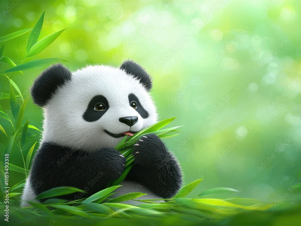 Obraz premium Adorable Panda Cub Enjoying Fresh Bamboo in a Lush Green Setting
