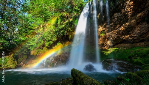 rainbow and waterfall scene in a serene forest