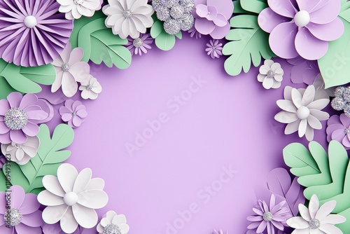 Vibrant Paper Flowers and Leaves Framing a Soft Purple Background