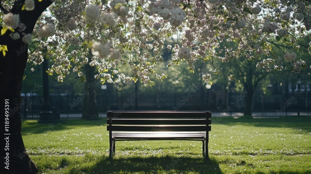 Fototapeta premium serene park bench under blossoming tree surrounded by greenery offering generous copy space
