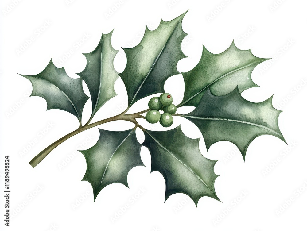 Fototapeta premium Realistic Watercolor Illustration of Holly Leaf with Berries