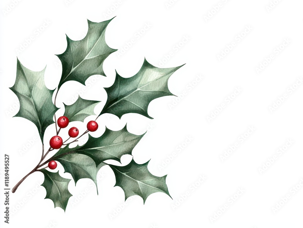 Fototapeta premium Elegant Holly Branch with Vibrant Red Berries for Holiday Decor