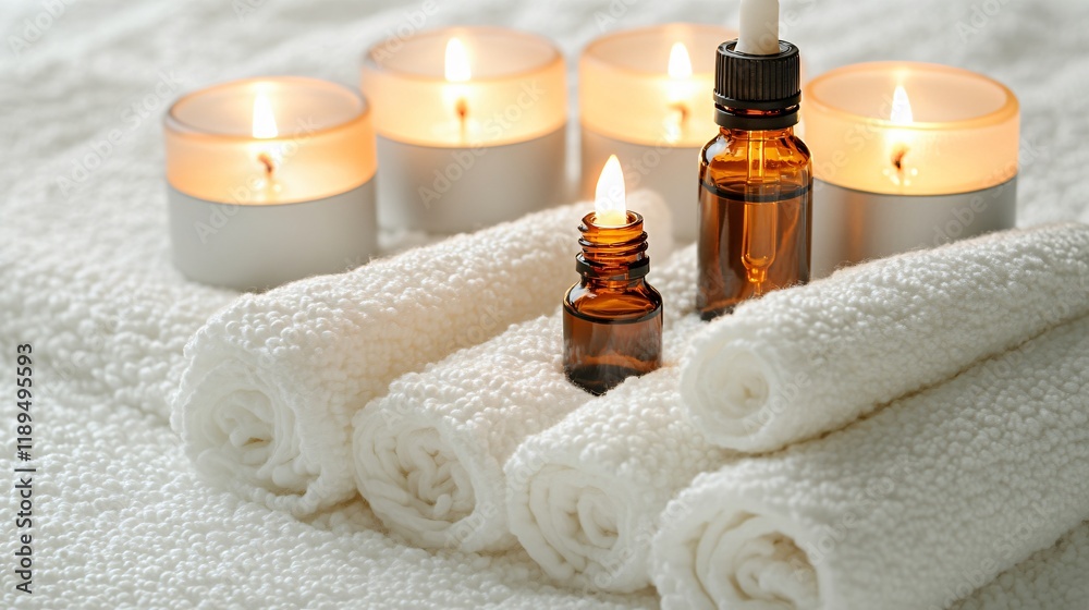 Relaxing Spa Scene with Candles and Essential Oils Relaxing Spa Scene with Candles and Essential Oils