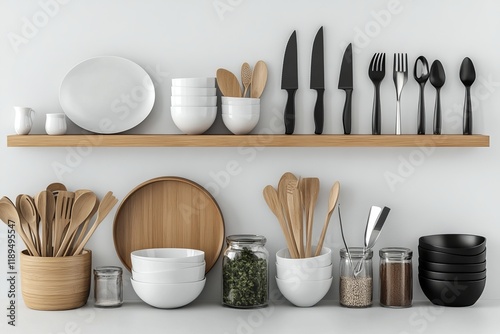 Render 3d kitchen elements. Isolated realistic bowl, cup and plate. Pot and crockery, knife, fork and spoon. Jars for ingredients, pithy vector clipart
