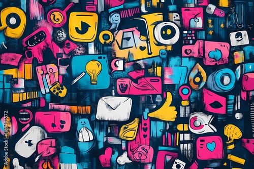 Vibrant digital marketing illustration with colorful social media icons, creative tools, and communication symbols on a dark abstract background, highlighting modern branding and networking concepts
