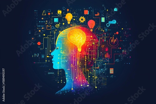 Silhouette of a human head with a glowing brain as a light bulb, surrounded by digital icons, colorful circuit patterns, and futuristic design on a dark blue background, symbolizing digital innovation