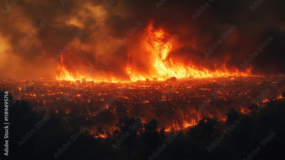 A massive wildfire spreads rapidly towards an urban area, producing thick smoke and towering flames. This intense blaze darkens the sky over the city as evening approaches, threatening safety A massive wildfire spreads rapidly towards an urban area, producing thick smoke and towering flames. This intense blaze darkens the sky over the city as evening approaches, threatening safety