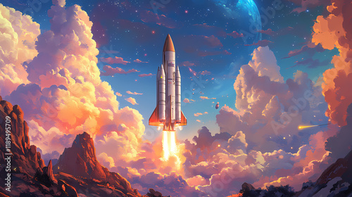 Fototapeta Naklejka Na Ścianę i Meble -  The moment of anticipation as a spaceship readies for launch under a gorgeous sky. Starbound. Illustration