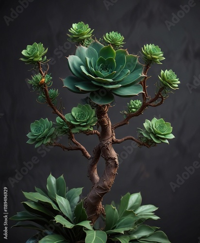 Dark green succulent with thick fleshy leaves and stems, resembling a twisted tree branch , succulent, black rose aeonium arboreum zwartkop, twisted tree photo