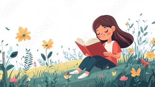 Charming girl enjoying book amidst nature, wide-angle view