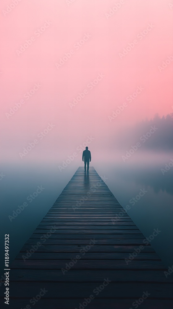 A man walking on a pier, with the serene water in the background, offering a peaceful and reflective atmosphere. The image features copy space for use in various creative and promotional projects. A man walking on a pier, with the serene water in the background, offering a peaceful and reflective atmosphere. The image features copy space for use in various creative and promotional projects.