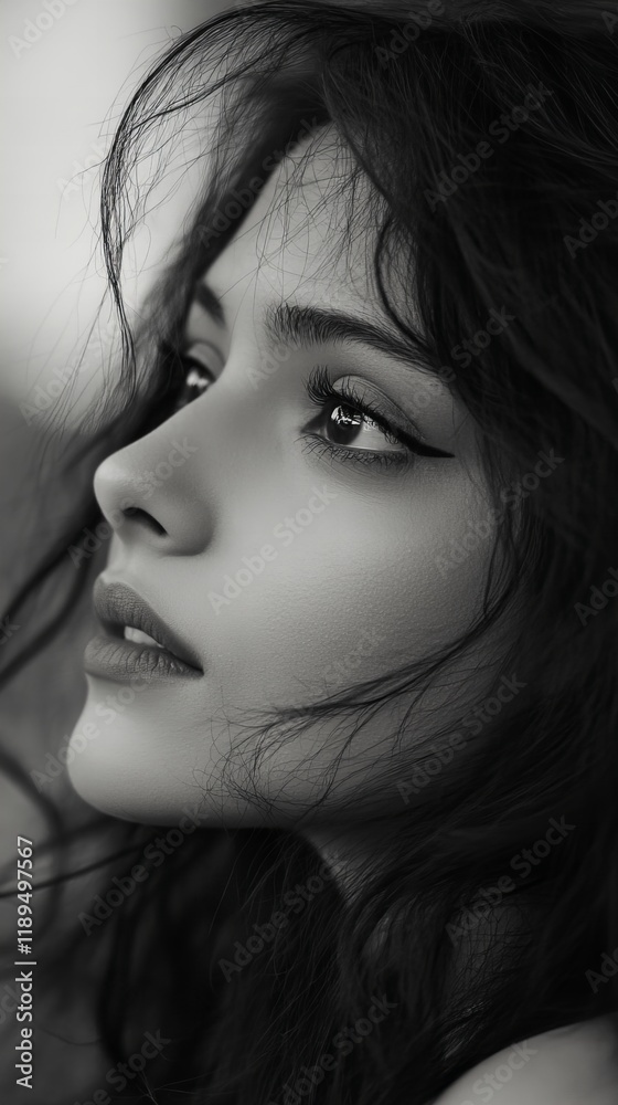 A monochrome close-up vertical portrait of a beautiful woman, capturing her natural elegance and expression. Ideal for portrait photography, beauty, and emotional storytelling themes. A monochrome close-up vertical portrait of a beautiful woman, capturing her natural elegance and expression. Ideal for portrait photography, beauty, and emotional storytelling themes.