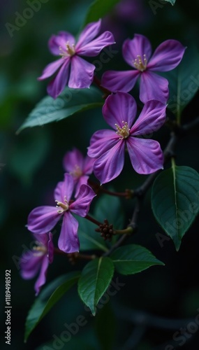 Dark purple flowers on a flowering bush with green leaves and a small tree shape, , night jasmine