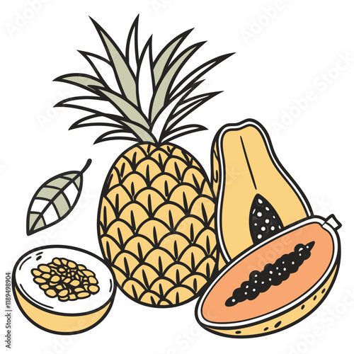 set of pineapple and papaya vector sheet 