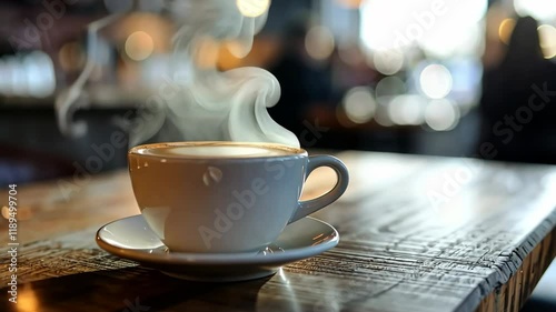 White steaming cup of coffee on table in cafe with people in cafeteria blurred background. Freshly brewed hot latte, cappuccino cup with saucer. Breakfast beverage morning concept. Restaurant drink