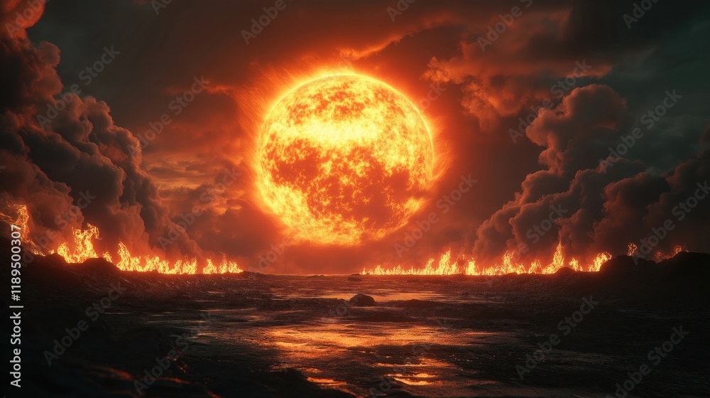 Vast desolate landscape under massive fiery sun. Dramatic flames, smoke rise from ground creating haunting apocalyptic scene. Intense fiery sky reflects destruction, chaos. Surreal, frightening image Vast desolate landscape under massive fiery sun. Dramatic flames, smoke rise from ground creating haunting apocalyptic scene. Intense fiery sky reflects destruction, chaos. Surreal, frightening image