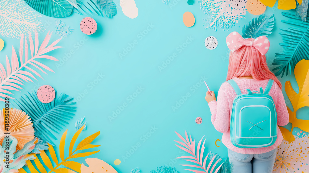 Fototapeta premium Back to School: Girl with Pink Hair and Teal Backpack Surrounded by Tropical Paper Art