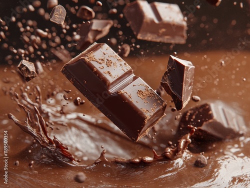 chocolate pieces falling into melted chocolate