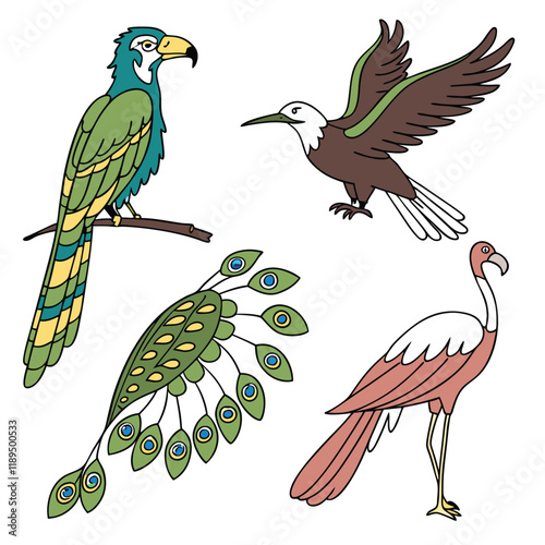 a set of bird icons featuring a parrot peacock