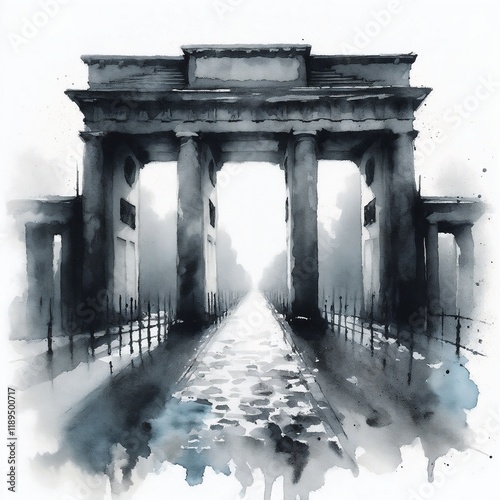 Lone gate with infamous inscription in soft watercolor tones