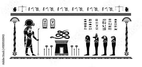 Egyptian papyrus with gods and goddesses offering sacrifices to ra in silhouette. Ancient Egyptian gods and goddesses in historical hieroglyphic paper art.