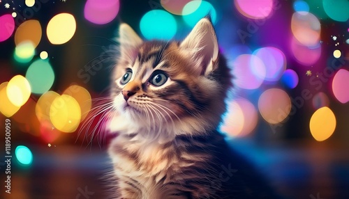 cute kitten gazing at colorful bokeh lights dreamy and magical atmosphere