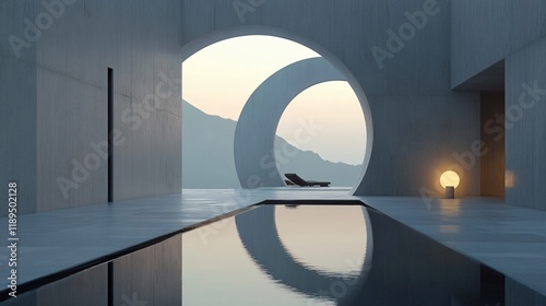 Sleek modern architectural design with circular motifs and a serene reflection pool, offering a serene and meditative space that embodies balance and elegance. photo