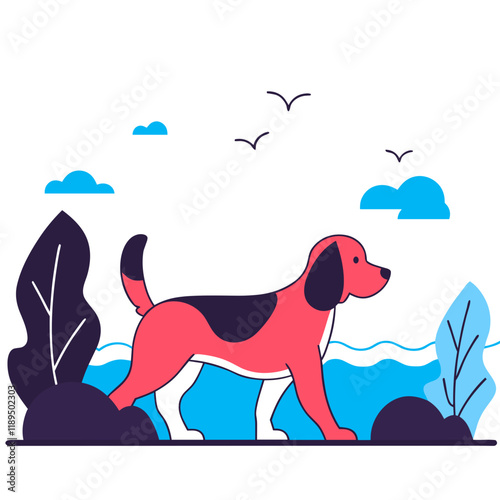 Colorful dog walking by the water in nature.