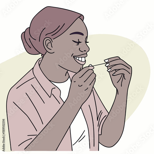 Smiling woman flossing her teeth for oral hygiene.