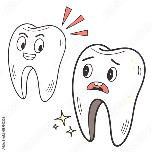 Healthy and decayed cartoon teeth showing dental care concept.