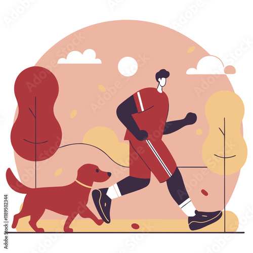 Man jogging with his dog in the park during autumn.