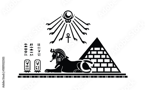 Silhouette of Ancient Middle Eastern Egyptian sphinx lion with pyramid and hieroglyphics