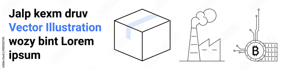 Cardboard box, smoking industrial factory, Bitcoin symbol with circuitry. Ideal for logistics, manufacturing, cryptocurrency, blockchain, tech innovation, industrial automation, supply chain Cardboard box, smoking industrial factory, Bitcoin symbol with circuitry. Ideal for logistics, manufacturing, cryptocurrency, blockchain, tech innovation, industrial automation, supply chain