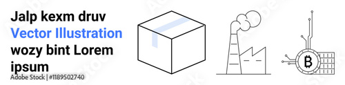 Cardboard box, smoking industrial factory, Bitcoin symbol with circuitry. Ideal for logistics, manufacturing, cryptocurrency, blockchain, tech innovation, industrial automation, supply chain