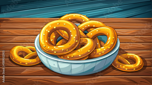 Hard Pretzels or Salted pretzels snack for party in white bowl on wooden floor.