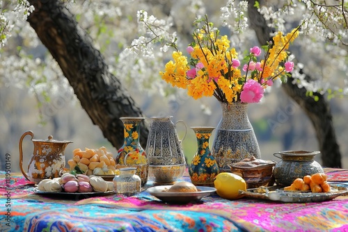 Traditional Norooz holiday, Nawrouz line icon, Newroz sign, Novruz Azerbaijan, Nowrouz Iranian or Persian New Year, samani Kazakhstan or Nauryz, Nooruz Turkmenistan Nowruz and Navruz, Nevruz, Iran photo