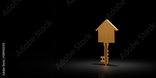 Golden Key in the Shape of a House on Black Background

