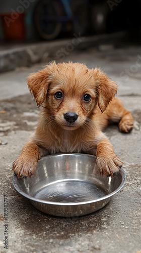 Adorable puppy looking directly into the camera with pleading eyes, resting near an empty bowl, evoking feelings of compassion and care, symbolizing the bond between humans and pets photo