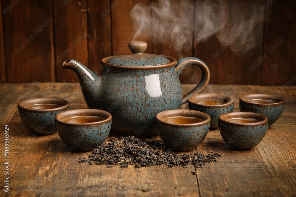 A steaming teapot and several small teacups filled with tea sit on a rustic wooden table, surrounded by loose tea leaves A steaming teapot and several small teacups filled with tea sit on a rustic wooden table, surrounded by loose tea leaves