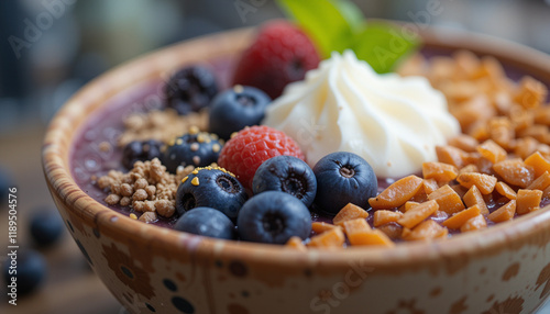 Delicious acai bowl with fruits, grains, and seeds, perfect for a healthy snack or breakfast. photo