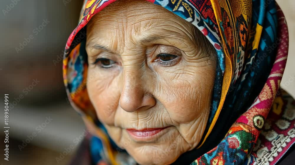 Thoughtful elderly woman in colorful scarf reflecting on life experiences in a warm indoor setting, Elderly woman with thoughtful expression, wearing colorful headscarf Thoughtful elderly woman in colorful scarf reflecting on life experiences in a warm indoor setting, Elderly woman with thoughtful expression, wearing colorful headscarf
