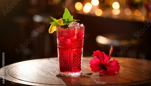 hibiscus lemonade drink is at the table in an costly bar or eating place a picture for the menu or recipe