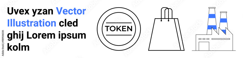 Circular token, shopping bag, industrial factory, and placeholder text. Ideal for ecommerce, manufacturing, marketing, monetization industrial scenarios business development education. Landing Circular token, shopping bag, industrial factory, and placeholder text. Ideal for ecommerce, manufacturing, marketing, monetization industrial scenarios business development education. Landing